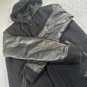 Only & Sons M Black Varsity Hoodie Jacket Faux Leather Sleeves Hooded Full Zip